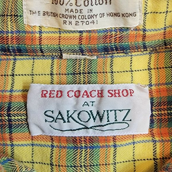 Red Coach Shop at Sakowitz Shirt, Men S, Yellow, Orange &Blue Plaid Flannel, EUC - Picture 6 of 10